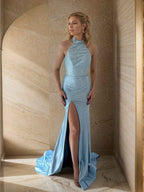 Ice Blue Halter Neck Rhinestone Prom Dress With Slit