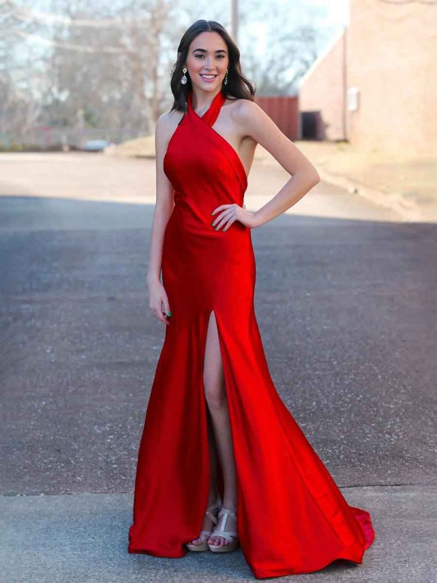 Red Halter Neck Satin Mermaid Long Prom Dress Open Back With Slit