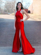 Red Halter Neck Satin Mermaid Long Prom Dress Open Back With Slit