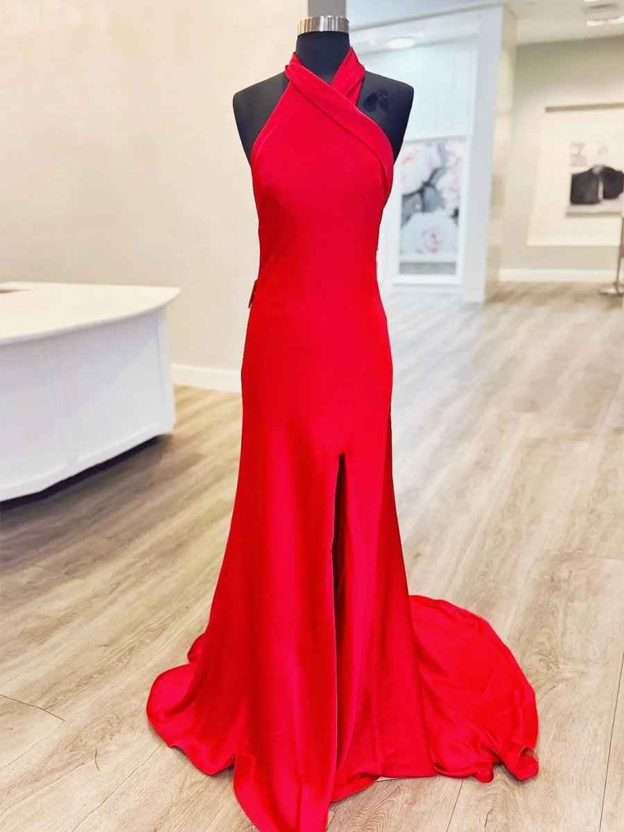 Red Halter Neck Satin Mermaid Long Prom Dress Open Back With Slit