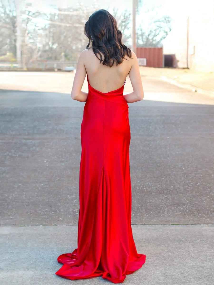 Red Halter Neck Satin Mermaid Long Prom Dress Open Back With Slit