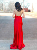 Red Halter Neck Satin Mermaid Long Prom Dress Open Back With Slit