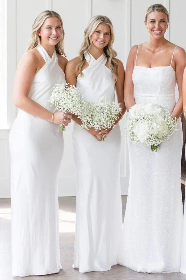 Abito lungo bianco da damigella d'onore con scollo all'americana e schiena traforata BD120