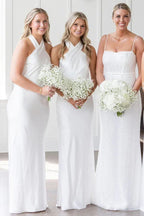 Abito lungo bianco da damigella d'onore con scollo all'americana e schiena traforata BD120