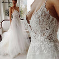 A Line V Neck Tulle Bridal Dress With Lace Appliques And Beaded Trimmings