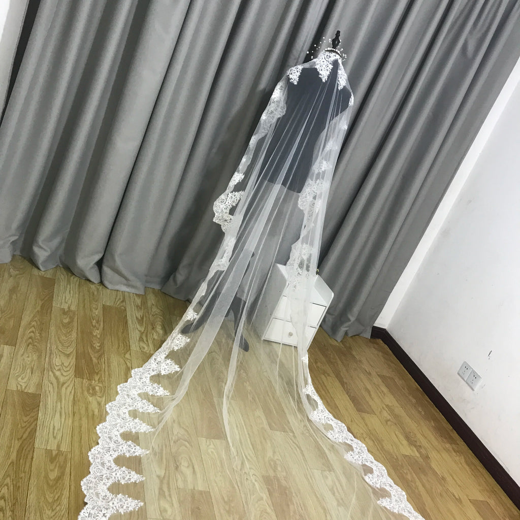 Ivory Cathedral Wedding Veil With Lace Face Cover And Sequin Details Comb