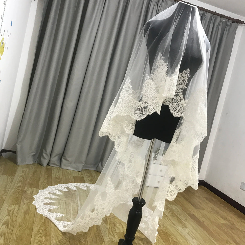 Ivory Cathedral Wedding Veil With Lace Face Cover And Sequin Details Comb