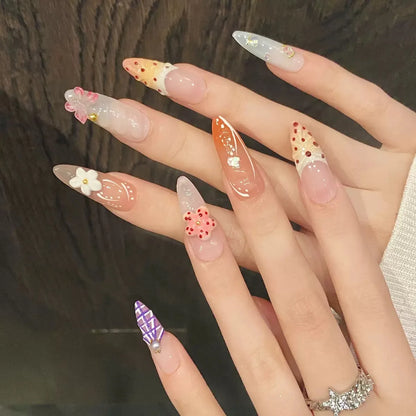 Uñas postizas acrílicas reutilizables, uñas postizas color nude, uñas postizas francesas almendradas 