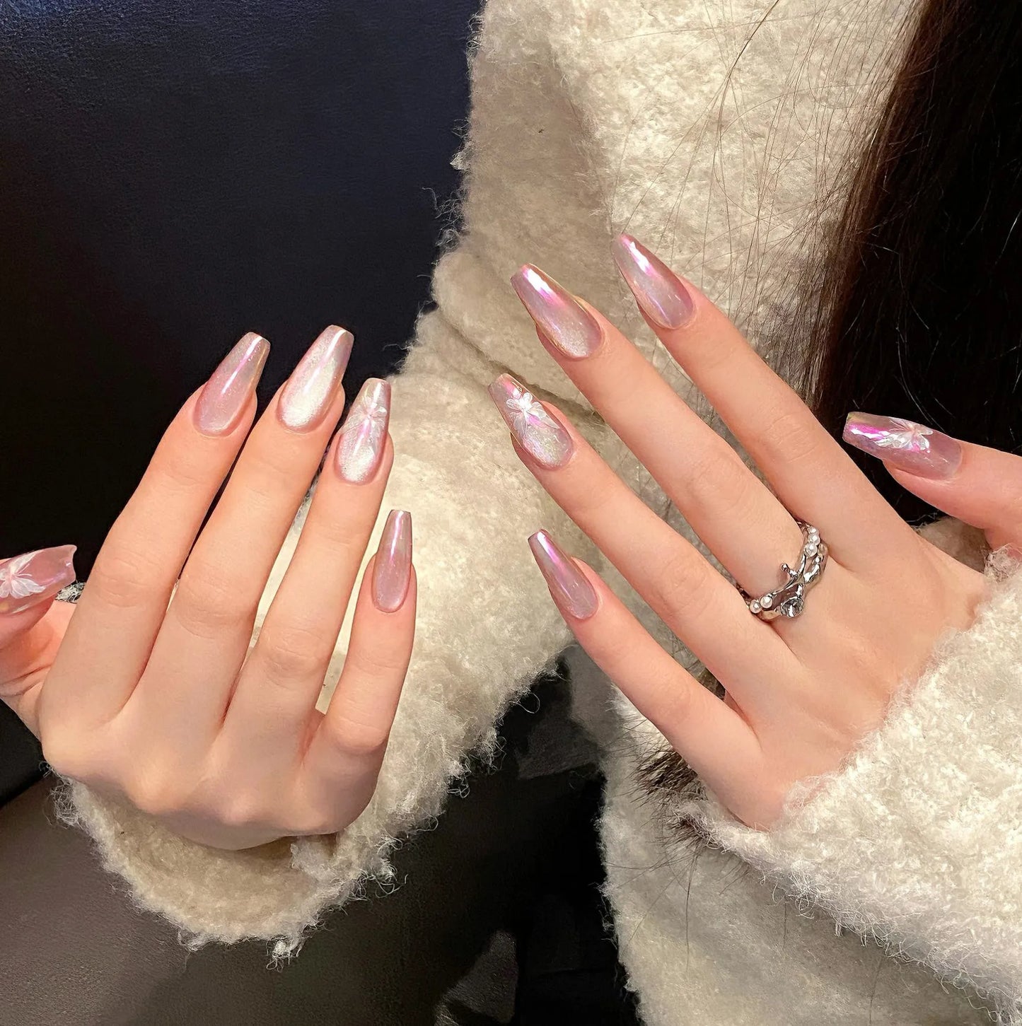 Shiny Full Cover Hand Painted butterfly pink Glitter Gel False Nails