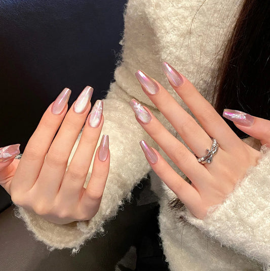 Shiny Full Cover Hand Painted butterfly pink Glitter Gel False Nails