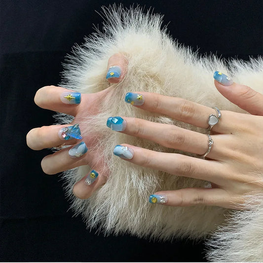 New Style Purely Handmade ABS Fully Transparent Summer Blue Mermaid Gel Artificial Nail Tips