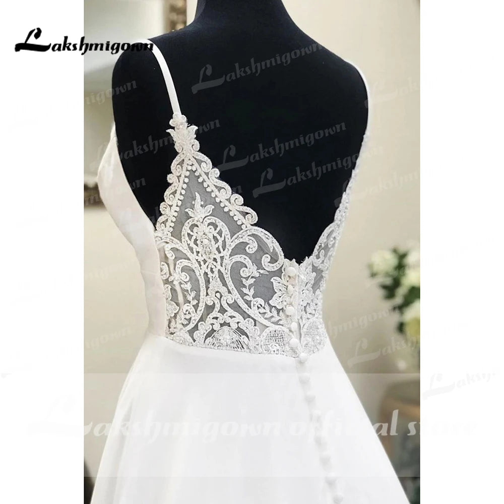 Elegant White Crepe Satin Spaghetti Strap A Line Wedding Dress