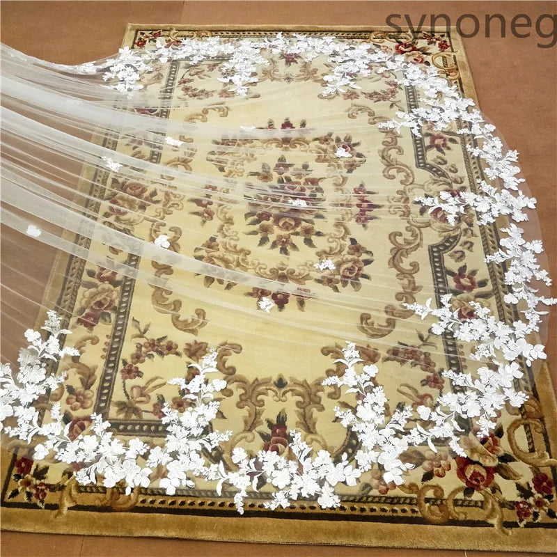 White Ivory One Layer Cathedral Wedding Veil With Lace Edge