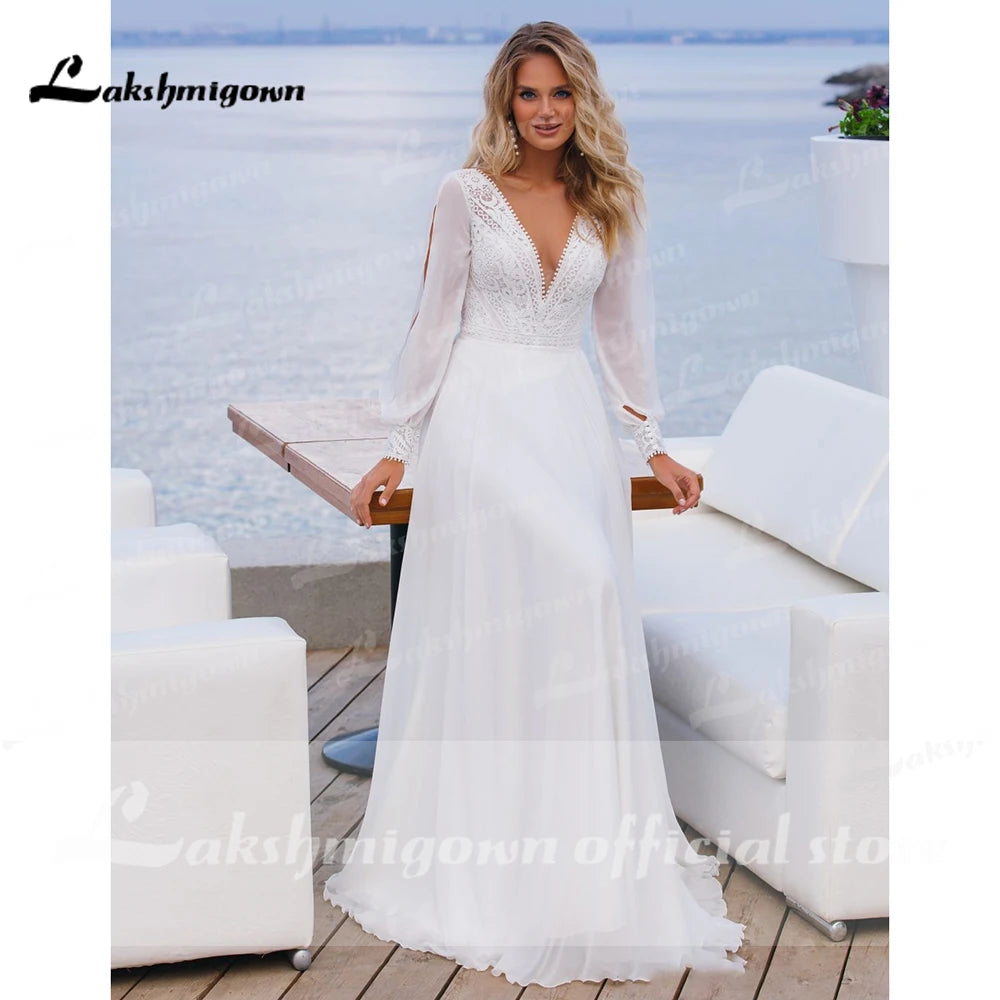 Vintage Lace Chiffon Boho Wedding Dress Custom Made Long Bridal Gown