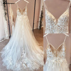 Vintage Lace Spaghetti Straps V Neckline Beach Wedding Dress Custom Made