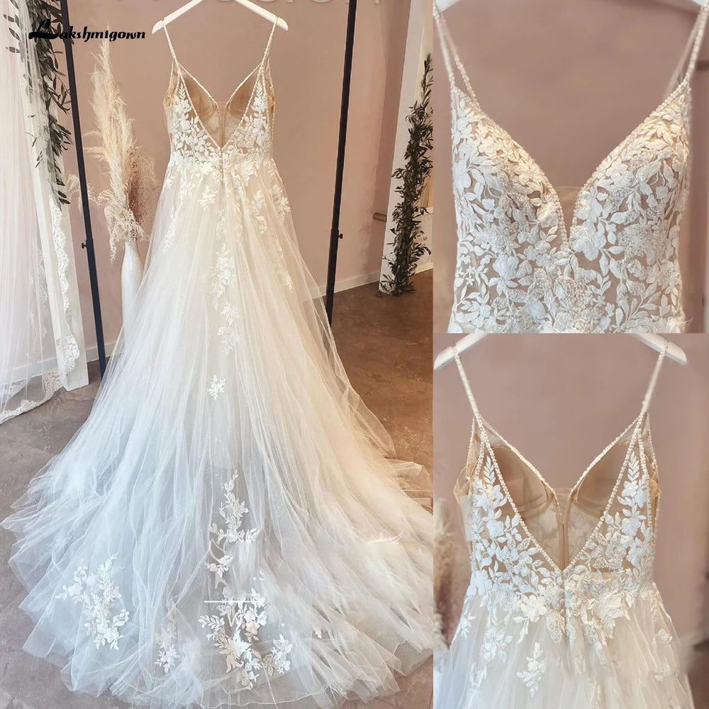 Vintage Lace Spaghetti Straps V Neckline Beach Wedding Dress Custom Made
