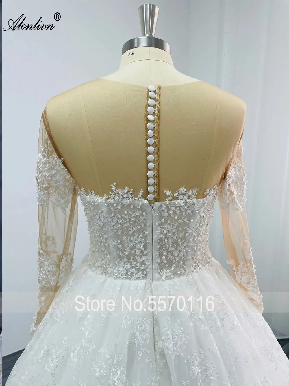 Alonlivn Elegant A Line Full Sleeve Lace Bridal Wedding Dress Pearls