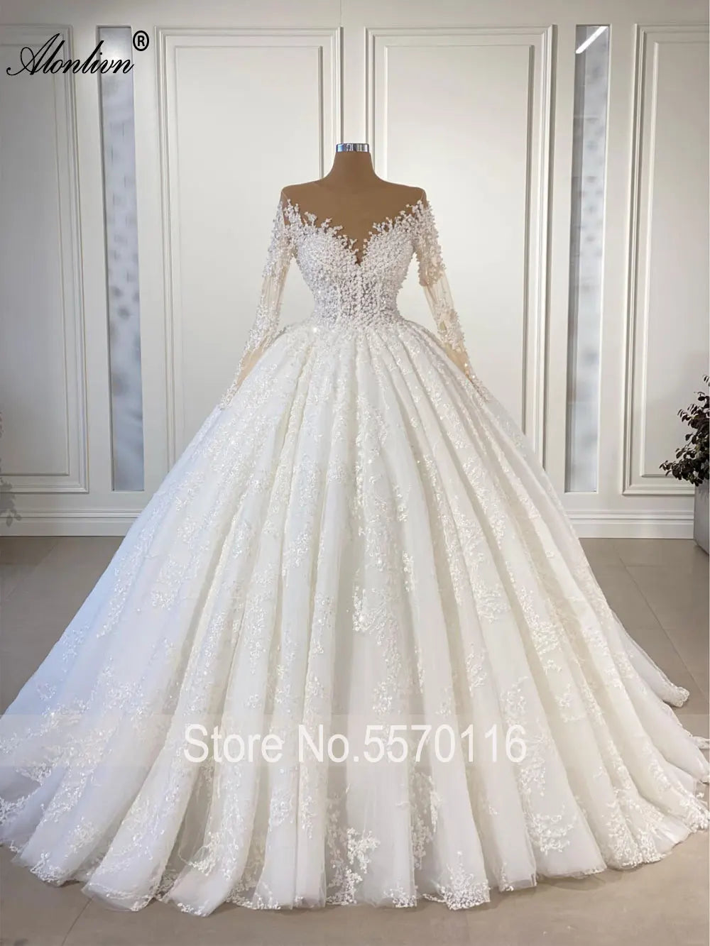 Alonlivn Elegant A Line Full Sleeve Lace Bridal Wedding Dress Pearls