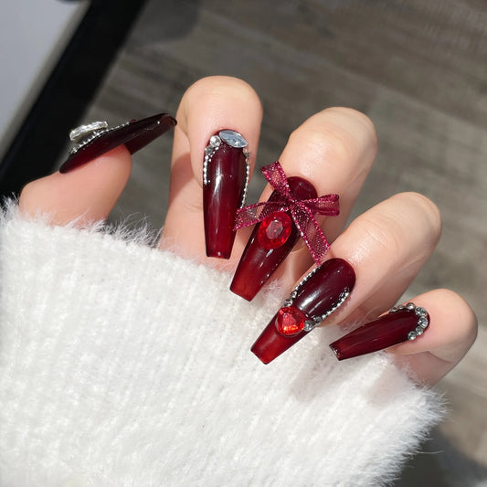 Uñas postizas de ataúd de lujo, estilo rojo, 3D, hechas a mano, totalmente cubiertas, prensadas 