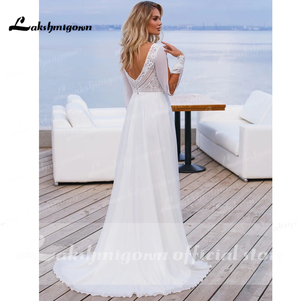 Vintage Lace Chiffon Boho Wedding Dress Custom Made Long Bridal Gown