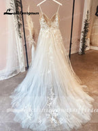 Vintage Lace Spaghetti Straps V Neckline Beach Wedding Dress Custom Made