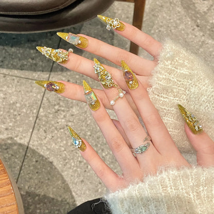 Autumn Luxury 3D Diamonds Style Handmade False Nails Gold Long Tips Press on Nails