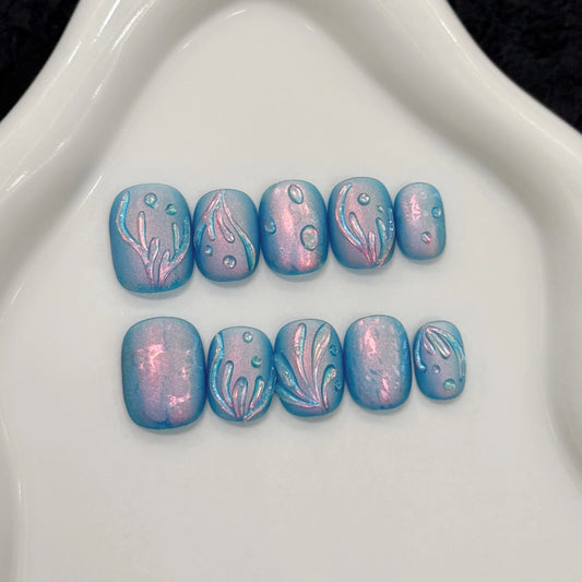 Uñas postizas de gel acrílico artificiales de alta calidad, color azul océano Y2K, redondas y cortas, 10 unidades, hechas a mano, con logotipo personalizado. 