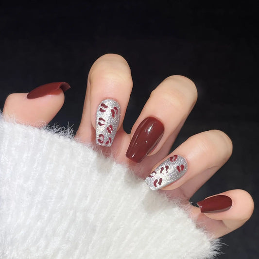Short Almond square Press on Nails Private Label Red Cat-eye Leopard Print Stick on Nails