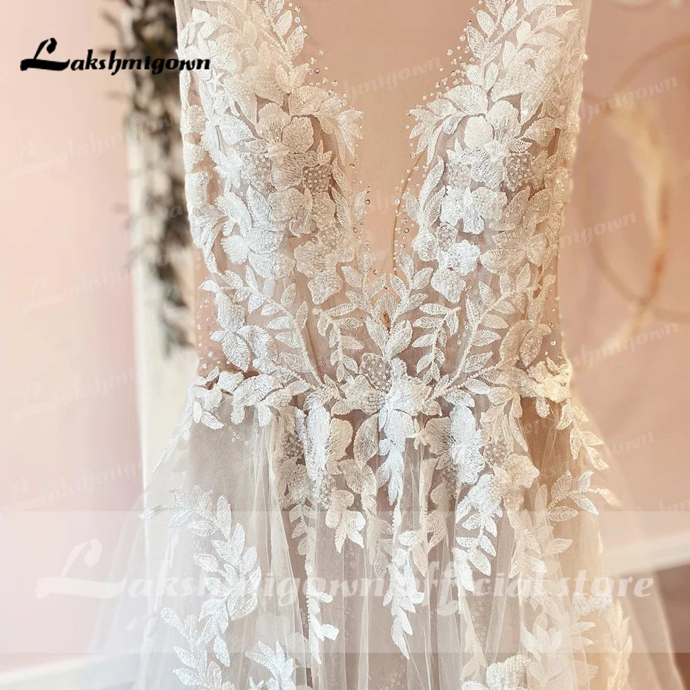 Custom A Line Backless Wedding Dress Featuring Beaded Lace Tulle