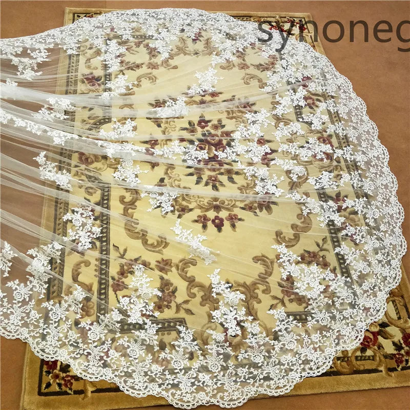Cathedral Bridal Veil One Layer Lace Trim With Metal Comb For Wedding