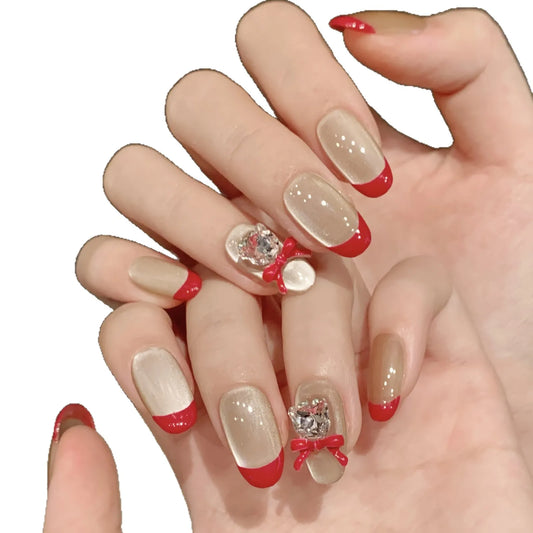 Uñas francesas cortas minimalistas de ojo de gato, de alta calidad, color rojo, para uso diario, hechas a mano. 