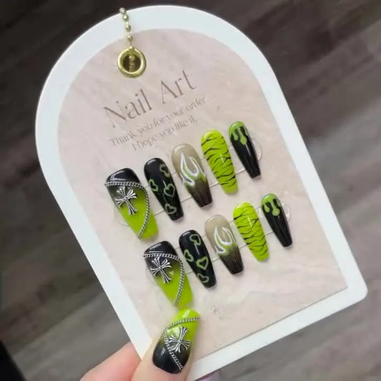 Forest Elf Green Premium White Hand Painted Nail Removable Press on Nail