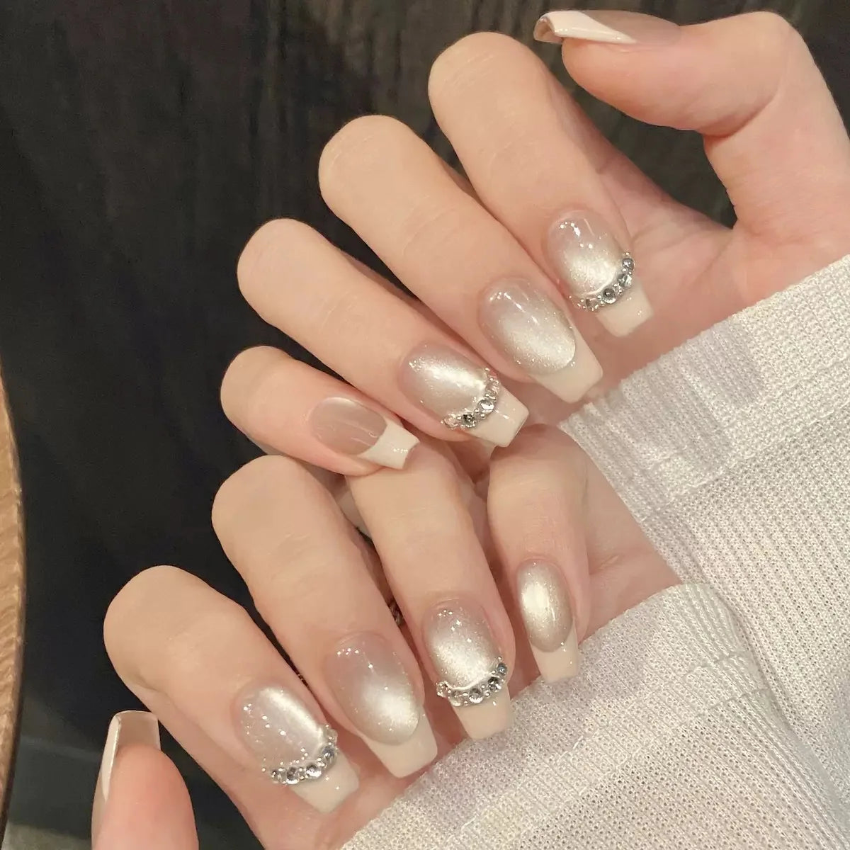 Uñas postizas acrílicas reutilizables, uñas postizas color nude, uñas postizas francesas almendradas 