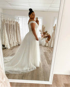 Lakshmigown Plus Size A Line Off The Shoulder Lace Applique Sweep Train Gown