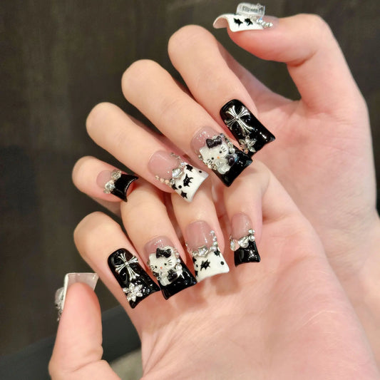 Nuevo estilo de alta calidad, uñas cortas con pico de pato, diseño francés, lindas uñas cortas, hechas a mano, para usar. 