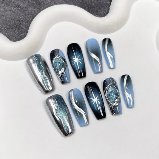 Pegatinas para uñas de longitud media con pistola pulverizadora de alta gama en degradado negro y azul, calcomanías para uñas usables 