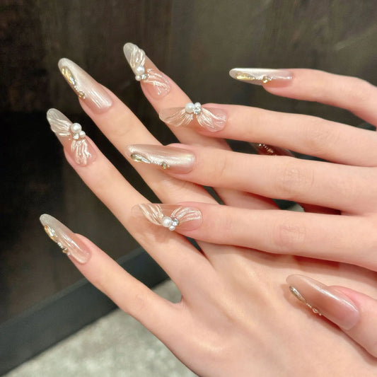 Nuevo estilo de alta calidad inspirado en ballet Pure Desire Blush Cat-eye Champagne Ribbon Long Hand-Use Nails 