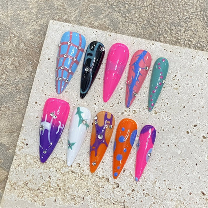 Venta caliente, diseño popular de uñas postizas coloridas con estampado de almendras largas y puntiagudas, uñas postizas tipo ballet. 