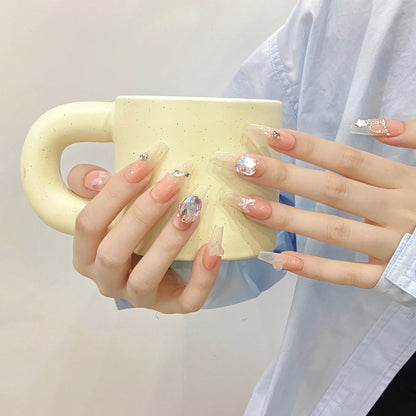 Uñas postizas francesas reutilizables de alta calidad con purpurina, estilo chic y dulce, hechas a mano. 