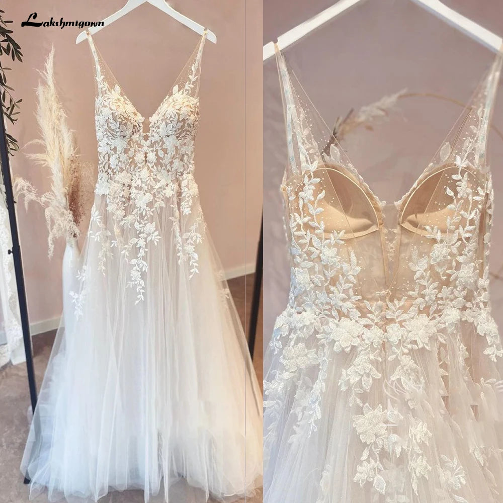 Lakshmigown Flowy A Line Tulle V Neck Wedding Dress With Custom Made Beach Bridal Gown