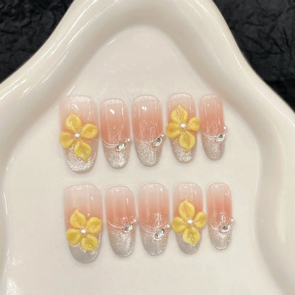 Uñas postizas artesanales con efecto ojo de gato brillante, pintadas a mano, con degradado en rubor, nuevo diseño, uñas postizas totalmente hechas a mano. 