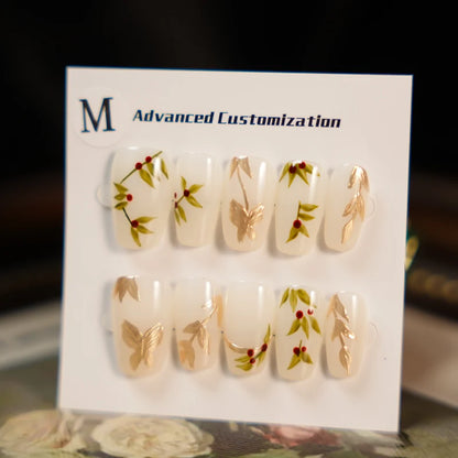 Pure Hand Painting Aesthetic Flowers Artificial Nails Handmade False Nails