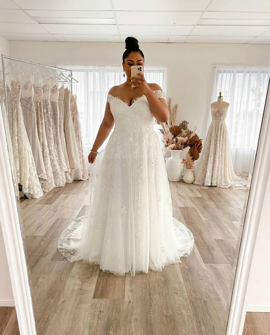 Lakshmigown Plus Size A Line Off The Shoulder Lace Applique Sweep Train Gown