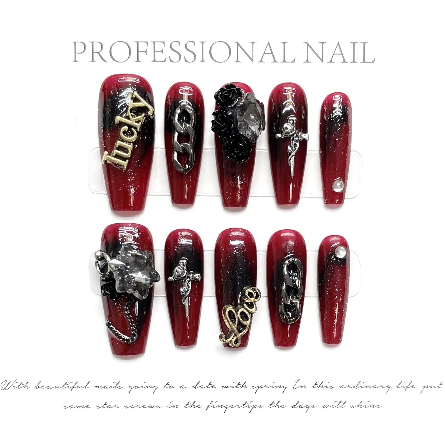 Uñas postizas de ataúd de lujo, estilo rojo, 3D, hechas a mano, totalmente cubiertas, prensadas 