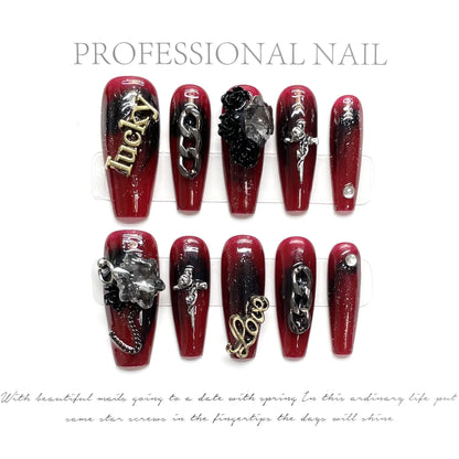 Uñas postizas de ataúd de lujo, estilo rojo, 3D, hechas a mano, totalmente cubiertas, prensadas 