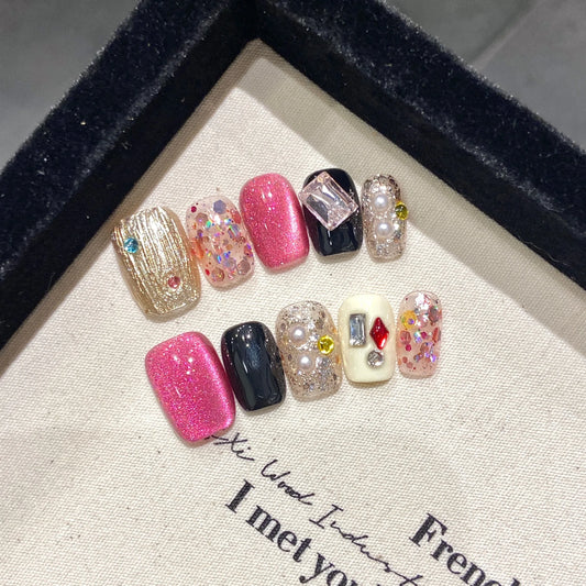 Press on Nails Color Short Almond square Stick on Nails Handmade Fake Acrylic Nails