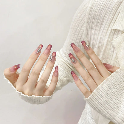 Uñas postizas francesas reutilizables de alta calidad, hermosas y de lujo, hechas a mano con purpurina. 