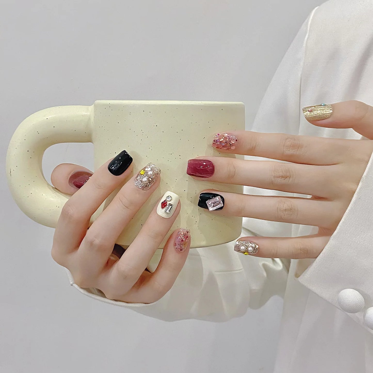 Press on Nails Color Short Almond square Stick on Nails Handmade Fake Acrylic Nails
