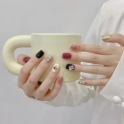 Press on Nails Color Short Almond square Stick on Nails Handmade Fake Acrylic Nails