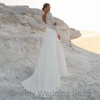 Customized Boho Wedding Dress Long Sleeves Lace Backless Summer Bridal Gown